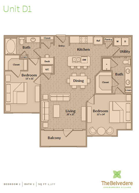 Floor plan for 2 beds, 2 baths, 1177 sqft